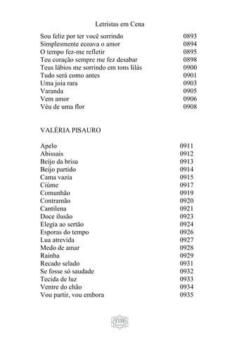 Letristas em Cena
1335
Sou feliz por ter você sorrindo
Simplesmente ecoava o amor
O tempo fez-me refletir
Teu coração sempre me fez desabar
Teus lábios me sorrindo em tons lilás
Tudo será como antes
Uma joia rara
Varanda
Vem amor
Véu de uma flor
0893
0894
0895
0898
0900
0901
0903
0905
0906
0908
VALÉRIA PISAURO
Apelo
Abissais
Beijo da brisa
Beijo partido
Cama vazia
Ciúme
Comunhão
Contramão
Cantilena
Doce ilusão
Elegia ao sertão
Esporas do tempo
Lua atrevida
Medo de amar
Rainha
Recado selado
Se fosse só saudade
Tecida de luz
Ventre do chão
Vou partir, vou embora
0911
0912
0913
0914
0915
0917
0919
0920
0921
0923
0924
0926
0927
0928
0929
0931
0932
0933
0934
0935
 