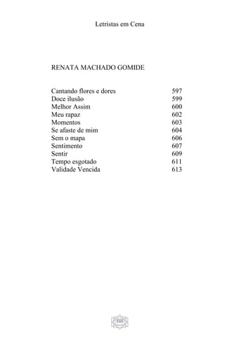 Letristas em Cena
595
RENATA MACHADO GOMIDE
Cantando flores e dores
Doce ilusão
Melhor Assim
Meu rapaz
Momentos
Se afaste de mim
Sem o mapa
Sentimento
Sentir
Tempo esgotado
Validade Vencida
597
599
600
602
603
604
606
607
609
611
613
 