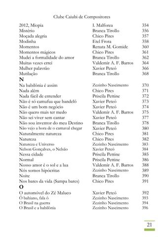 Clube Caiubi de Compositores
21
2012, Miopia I. Malforea 354
Mistério Branca Tirollo 356
Moçada alegria Chico Pires 357
Modinha Etel Frota 358
Momentos Renata M. Gomide 360
Momentos mágicos Chico Pires 361
Mudei a formalidade do amor Branca Tirollo 362
Muitas vezes errei Valdemir A. F. Barros 364
Mulher palavrão Xavier Peteó 366
Mutilação Branca Tirollo 368
N
Na babilônia é assim Zezinho Nascimento 370
Nada além Chico Pires 371
Nada fácil de entender Priscila Pettine 372
Não é só camufua que bandelô Xavier Peteó 373
Não é um bom negócio Xavier Peteó 374
Não quero mais ter medo Valdemir A. F. Barros 375
Não sei viver sem cantar Xavier Peteó 377
Não sou inventor do meu Destino Branca Tirollo 378
Não vejo a hora de o carnaval chegar Xavier Peteó 380
Naturalmente natureza Chico Pires 381
Natureza Chico Pires 382
Natureza e Universo Zezinho Nascimento 383
Nelson Gonçalves, o Nelsão Xavier Peteó 384
Nessa cidade Priscila Pettine 385
Normal Priscila Pettine 386
Nosso amor é o sol e a lua Valdemir A. F. Barros 388
Nós somos hipócritas Zezinho Nascimento 389
Noite Branca Tirollo 390
Nos bares da vida (Sampa bares) Chico Pires 391
O
O automóvel do Zé Maluco Xavier Peteó 392
Ô bahiano, fala ô Zezinho Nascimento 393
O Brasil na guerra Zezinho Nascimento 394
O Brasil e a babilônia Zezinho Nascimento 396
 