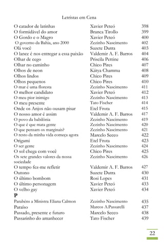 Letristas em Cena
22
O catador de latinhas Xavier Peteó 398
O formidável do amor Branca Tirollo 399
O Gordo e o Magro Xavier Peteó 400
O governo da Bahia, ano 2000 Zezinho Nascimento 402
Olá você Suzete Dutra 403
O lance é nos entregar a essa paixão Valdemir A. F. Barros 404
Olhar de cego Priscila Pettine 406
Olhar no caminho Chico Pires 407
Olhos de neon Kátya Chamma 408
Olhos lindos Chico Pires 409
Olhos pequenos Chico Pires 410
O mar é uma floresta Zezinho Nascimento 411
O melhor candidato Xavier Peteó 412
O meu pior inimigo Zezinho Nascimento 413
O meu presente Tato Fischer 414
Onde os Anjos não ousam pisar Etel Frota 415
O nosso amor é assim Valdemir A. F. Barros 417
O povo da babilônia Zezinho Nascimento 419
O que é que mata gente Zezinho Nascimento 420
O que pensam os marginais? Zezinho Nascimento 421
O resto da minha vida começa agora Marcelo Secco 422
Origami Etel Frota 423
O ser gente Zezinho Nascimento 424
O sol chega com você Chico Pires 425
Os sete grandes valores da nossa
sociedade
Zezinho Nascimento 426
O tempo fez-me refletir Valdemir A. F. Barros 427
Outono Suzete Dutra 430
O último bombom Rosi Lopes 431
O último personagem Xavier Peteó 433
O velho gay Xavier Peteó 434
P
Parabéns a Ministra Eliana Calmon Zezinho Nascimento 435
Paraíso Marcos A.Passarelli 437
Passado, presente e futuro Marcelo Secco 438
Passarinho do amanhecer Tato Fischer 439
 
