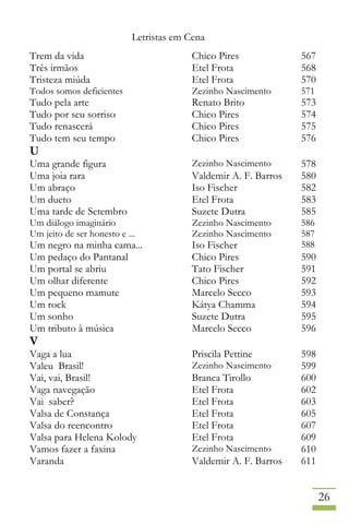 Letristas em Cena
26
Trem da vida Chico Pires 567
Três irmãos Etel Frota 568
Tristeza miúda Etel Frota 570
Todos somos deficientes Zezinho Nascimento 571
Tudo pela arte Renato Brito 573
Tudo por seu sorriso Chico Pires 574
Tudo renascerá Chico Pires 575
Tudo tem seu tempo Chico Pires 576
U
Uma grande figura Zezinho Nascimento 578
Uma joia rara Valdemir A. F. Barros 580
Um abraço Iso Fischer 582
Um dueto Etel Frota 583
Uma tarde de Setembro Suzete Dutra 585
Um diálogo imaginário Zezinho Nascimento 586
Um jeito de ser honesto e ... Zezinho Nascimento 587
Um negro na minha cama... Iso Fischer 588
Um pedaço do Pantanal Chico Pires 590
Um portal se abriu Tato Fischer 591
Um olhar diferente Chico Pires 592
Um pequeno mamute Marcelo Secco 593
Um rock Kátya Chamma 594
Um sonho Suzete Dutra 595
Um tributo à música Marcelo Secco 596
V
Vaga a lua Priscila Pettine 598
Valeu Brasil! Zezinho Nascimento 599
Vai, vai, Brasil! Branca Tirollo 600
Vaga navegação Etel Frota 602
Vai saber? Etel Frota 603
Valsa de Constança Etel Frota 605
Valsa do reencontro Etel Frota 607
Valsa para Helena Kolody Etel Frota 609
Vamos fazer a faxina Zezinho Nascimento 610
Varanda Valdemir A. F. Barros 611
 