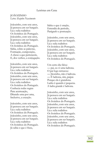 Letristas em Cena
302
JOÃOZINHO
Letra: Zezinho Nascimento
Joãozinho, com sete anos,
Já pensava em ser burguês.
Lia e relia todinhos
Os livrinhos do Português.
Joãozinho, com sete anos,
Já pensava em ser burguês.
Lia e relia todinhos
Os livrinhos do Português.
Sabia, sobre as palavras,
Formação, composição,
A classe a que pertencem,
E, dos verbos, a conjugação.
Joãozinho, com sete anos,
Já pensava em ser burguês.
Lia e relia todinhos
Os livrinhos do Português.
Joãozinho, com sete anos,
Já pensava em ser burguês.
Lia e relia todinhos
Os livrinhos do Português.
Conhecia todas regras
Para acentuação,
Ditando uma por uma,
Inclusive, a exceção.
Joãozinho, com sete anos,
Já pensava em ser burguês.
Lia e relia todinhos
Os livrinhos do Português.
Joãozinho, com sete anos,
Já pensava em ser burguês.
Lia e relia todinhos
Os livrinhos do Português.
Já sabia o que é frase,
Sabia o que é oração,
Entendia de período,
Parágrafo e pontuação.
Joãozinho, com sete anos,
Já pensava em ser burguês.
Lia e relia todinhos
Os livrinhos do Português.
Joãozinho, com sete anos,
Já pensava em ser burguês.
Lia e relia todinhos
Os livrinhos do Português.
Um certo dia falou:
— pai, eu vi uma ladrona.
O pai logo retrucou:
— Jãozinho, não é ladrona.
— É ladrona, sim, paipai.
Porque ela é grandona.
Ladra é quando é pequena.
A ladra grande é ladrona.
Joãozinho, com sete anos,
Já pensava em ser burguês.
Lia e relia todinhos
Os livrinhos do Português.
Joãozinho, com sete anos,
Já pensava em ser burguês.
Lia e relia todinhos
Os livrinhos do Português.
Joãozinho, com sete anos,
Já pensava em ser burguês.
Lia e relia todinhos
Os livrinhos do Português.
 
