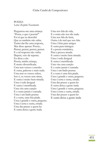 Clube Caiubi de Compositores
451
POESIA
Letra: Zezinho Nascimento
Perguntou-me uma criança:
“Poeta, o que é poesia?"
Foi aí que eu descobri
Que eu também não sabia.
Tentei dar-lhe uma resposta,
Mas disse apenas: Poesia...
Pensei, pensei, pensei, pensei.
E a tal resposta não vinha.
Depois, veio de repente.
Eu disse a ela:
Poesia, minha criança,
É muito diversificada.
Uma tem versos e estrofes
E outra, palavras e mais nada.
Uma tem os versos soltos,
Isto é, os versos sem rimas,
E outra é muito bem rimada.
Uma é toda desigual
E outra é metrificada.
Uma vira uma canção
E a outra jamais é cantada.
Uma é um lindo poema
E a outra, uma feia piada.
Uma é grande e outra, pequena.
Uma é certa e outra, errada.
Uma dar prazer a quem ler
E outra deixa a gente irada.
Uma nos fala da vida,
E a outra não nos diz nada.
Uma nos fala do bem,
Outra é do mal que nos fala.
Uma é feita para amigos
E outra para inimigos.
E a poesia romântica,
Para a pessoa amada.
E outra é muito bem rimada.
Uma é toda desigual
E outra é metrificada.
Uma vira uma canção
E a outra jamais é cantada.
Uma é um lindo poema
E a outra é uma feia piada.
Uma é grande e outra, pequena.
Uma é certa e outra, errada.
Uma dar prazer a quem ler
E outra deixa a gente irada.
Uma é grande e outra, pequena.
Uma é certa e outra, errada.
Uma dar prazer a quem ler
E outra deixa a gente irada
 