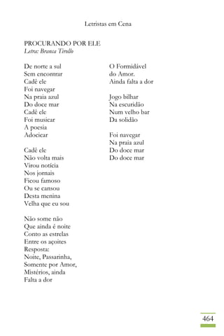 Letristas em Cena
464
PROCURANDO POR ELE
Letra: Branca Tirollo
De norte a sul
Sem encontrar
Cadê ele
Foi navegar
Na praia azul
Do doce mar
Cadê ele
Foi musicar
A poesia
Adocicar
Cadê ele
Não volta mais
Virou notícia
Nos jornais
Ficou famoso
Ou se cansou
Desta menina
Velha que eu sou
Não some não
Que ainda é noite
Conto as estrelas
Entre os açoites
Resposta:
Noite, Passarinha,
Somente por Amor,
Mistérios, ainda
Falta a dor
O Formidável
do Amor.
Ainda falta a dor
Jogo bilhar
Na escuridão
Num velho bar
Da solidão
Foi navegar
Na praia azul
Do doce mar
Do doce mar
 