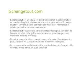 Gchangetout.com
• Gchangetout est un site gratuit de troc dont le but est de mettre
en relation des particuliers entre eux et leur permettre d’échanger
objets et services. Le site permet également à ses membres de
publier des petites annonces de vente.
• Gchangetout vous dévoile à travers cette infographie son bilan de
l’année, un bilan riche grâce à vos annonces, vos échanges, vos
messages et votre présence.
• Ce qui se troque le plus, ceux qui troquent le moins, les régions les
plus actives et les statistiques de nos meilleures rubriques.
• La consommation collaborative à la portée de tous les français .. Un
nouveau mode de vie, un éveil citoyen !
 