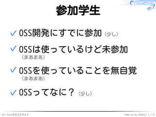 OSS Gateを立ち上げよう Powered by Rabbit 2.1.9
参加学生
OSS開発にすでに参加（少し）✓
OSSは使っているけど未参加
（まあまあ）
✓
OSSを使っていることを無自覚
（まあまあ）
✓
OSSってなに？（少し）✓
 