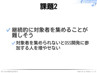 OSS Gateを立ち上げよう Powered by Rabbit 2.1.9
課題2
継続的に対象者を集めることが
難しそう
対象者を集められないとOSS開発に参
加する人を増やせない
✓
✓
 