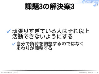 OSS Gateを立ち上げよう Powered by Rabbit 2.1.9
課題3の解決案3
頑張りすぎている人はそれ以上
活動できないようにする
自分で負荷を調整するのではなく
まわりが調整する
✓
✓
 