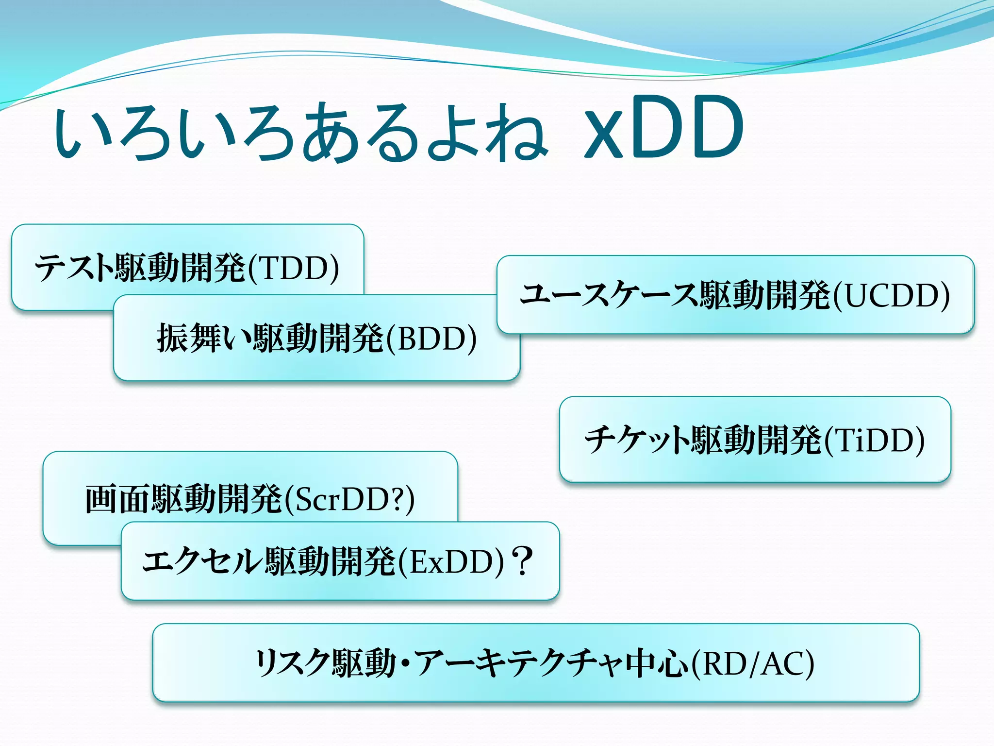 いろいろあるよね              xDD
テスト駆動開発(TDD)
                   ユースケース駆動開発(UCDD)
    振舞い駆動開発(BDD)


                      チケット駆動開発(TiDD)
 画面駆動開発(ScrDD?)
    エクセル駆動開発(ExDD)？


        リスク駆動・アーキテクチャ中心(RD/AC)
 
