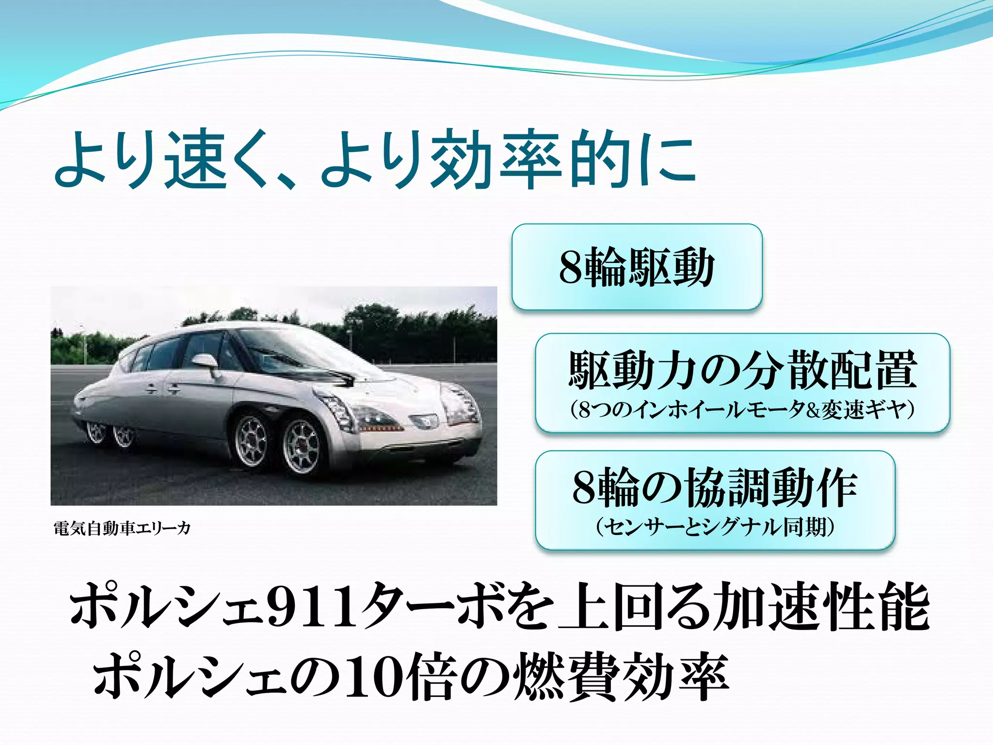 より速く、より効率的に
            ８輪駆動

            駆動力の分散配置
            （８つのインホイールモータ&変速ギヤ）


            ８輪の協調動作
電気自動車エリーカ    （センサーとシグナル同期）



 ポルシェ９１１ターボを上回る加速性能
 ポルシェの１０倍の燃費効率
 
