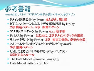 参考書籍
masuda220 リストマニア「ドメインモデル設計パターン」@アマゾン

  ドメイン駆動設計 by Evans まえがき、第１部
  ビジネスパターンによるモデル駆動設計 by Hruby
     ２章 構造パターン、５章 振舞パターン
    アナリシスパターン by Fowler A.1.5 基本型
    PoEAA by Fowler はじめに、２章 ドメインロジックの選択
    リファクタリング by Fowler ３章 変更の発散、変更の分散
    ストリームラインオブジェクトモデリング by ニコラ
     ３章 協調パターン
    UML によるビジネスモデリング by エリクソン
     ５章ビジネスルール
    The Data Model Resource Book 1,2,3
    Data Model Patterns by Hay
 
