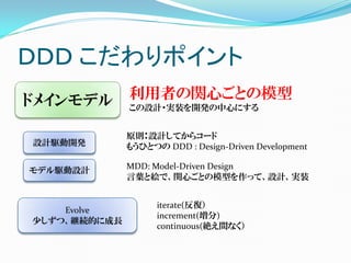 ＤＤＤ こだわりポイント
ドメインモデル       利用者の関心ごとの模型
              この設計・実装を開発の中心にする


              原則：設計してからコード
設計駆動開発        もうひとつの DDD : Design-Driven Development

モデル駆動設計       MDD: Model-Driven Design
              言葉と絵で、関心ごとの模型を作って、設計、実装


                    iterate(反復）
    Evolve
                    increment(増分)
少しずつ、継続的に成長
                    continuous(絶え間なく）
 