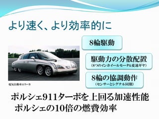 より速く、より効率的に
            ８輪駆動

            駆動力の分散配置
            （８つのインホイールモータ&変速ギヤ）


            ８輪の協調動作
電気自動車エリーカ    （センサーとシグナル同期）



 ポルシェ９１１ターボを上回る加速性能
 ポルシェの１０倍の燃費効率
 