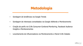 Metodologia
• Sondagem de tendências via Google Trends
• Sondagem de interesses consolidados via Google AdWords e Monitoramento
• Criação de perfis via E.life Consumer-Centered Monitoring, Facebook Audience
Insights e Monitoramentos
• Levantamento de influenciadores via Monitoramento e Painel E.life Cidades
 
