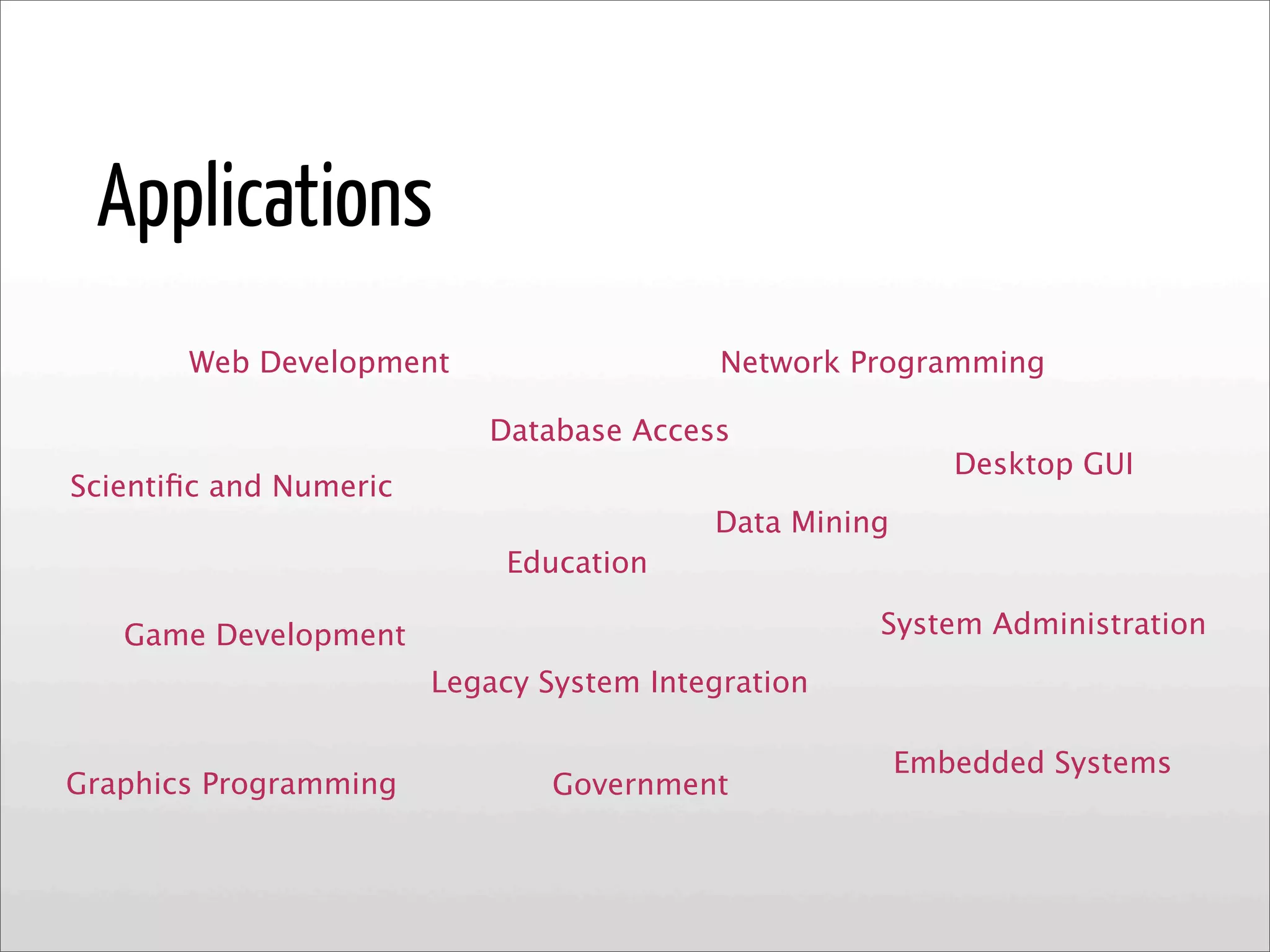 Web Development
Database Access
Embedded Systems
Graphics Programming
Legacy System Integration
Scientiﬁc and Numeric
Desktop GUI
Game Development
Data Mining
Network Programming
System Administration
Education
Government
Applications
 