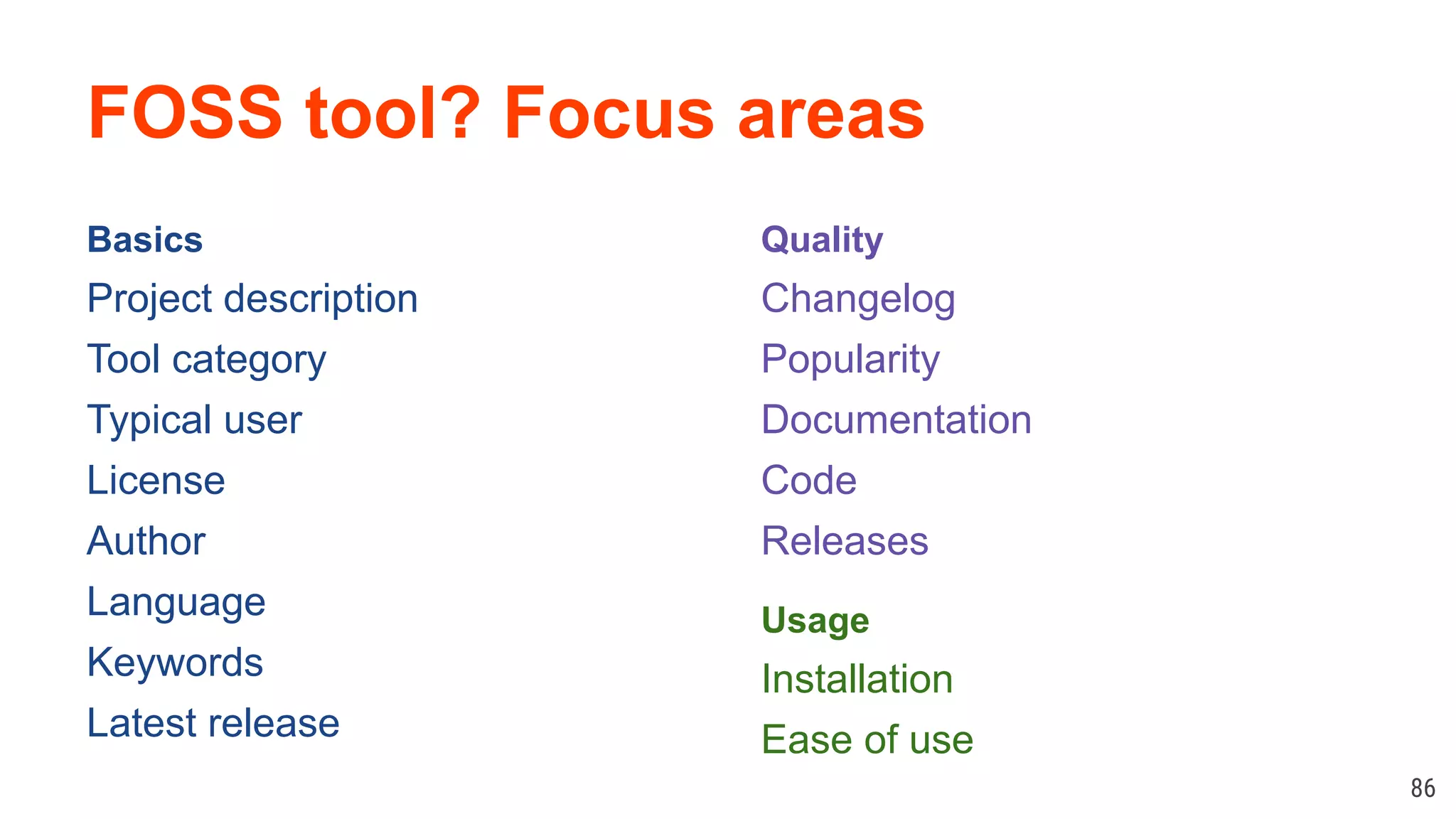 FOSS tool? Focus areas Basics Project description Tool category Typical user License Author Language Keywords Latest release 86 Quality Changelog Popularity Documentation Code Releases Usage Installation Ease of use 