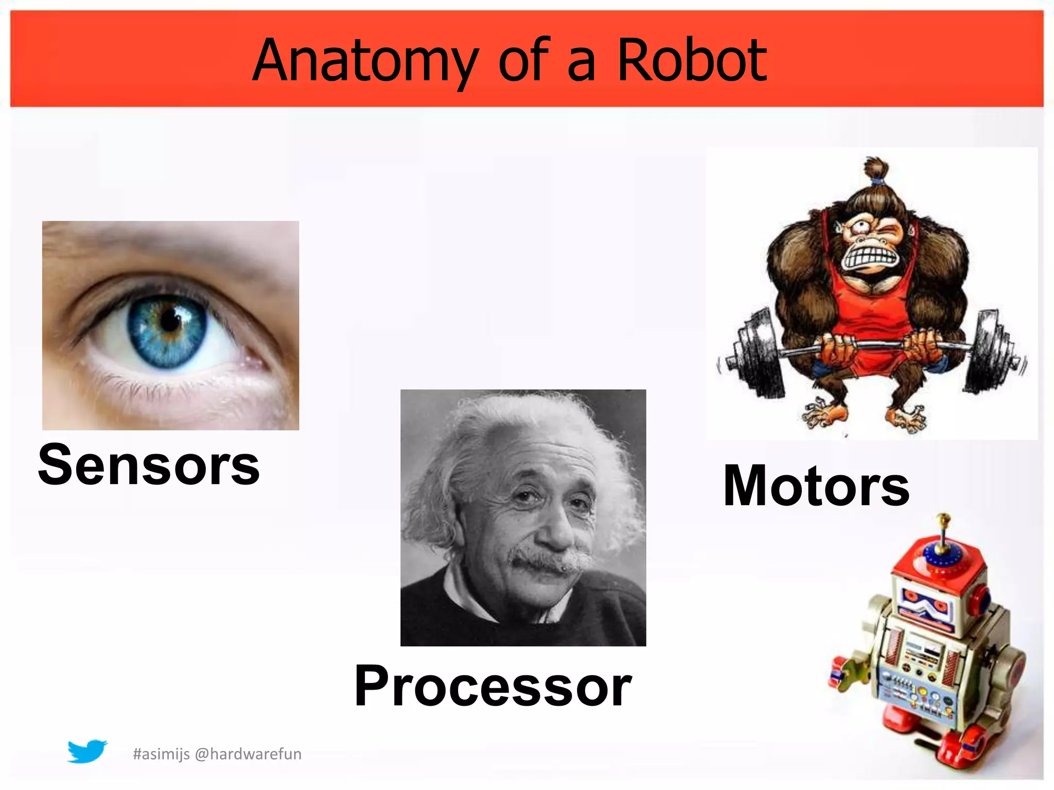 Anatomy of a Robot




Sensors                                Motors


                           Processor
   #asimijs @hardwarefun
 