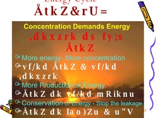Energy Cycle   ÅtkZ&rU= <ul><li>Concentration Demands Energy . </li></ul><ul><li>,dkxzrk ds fy;s ÅtkZ </li></ul><ul><li>Mo...