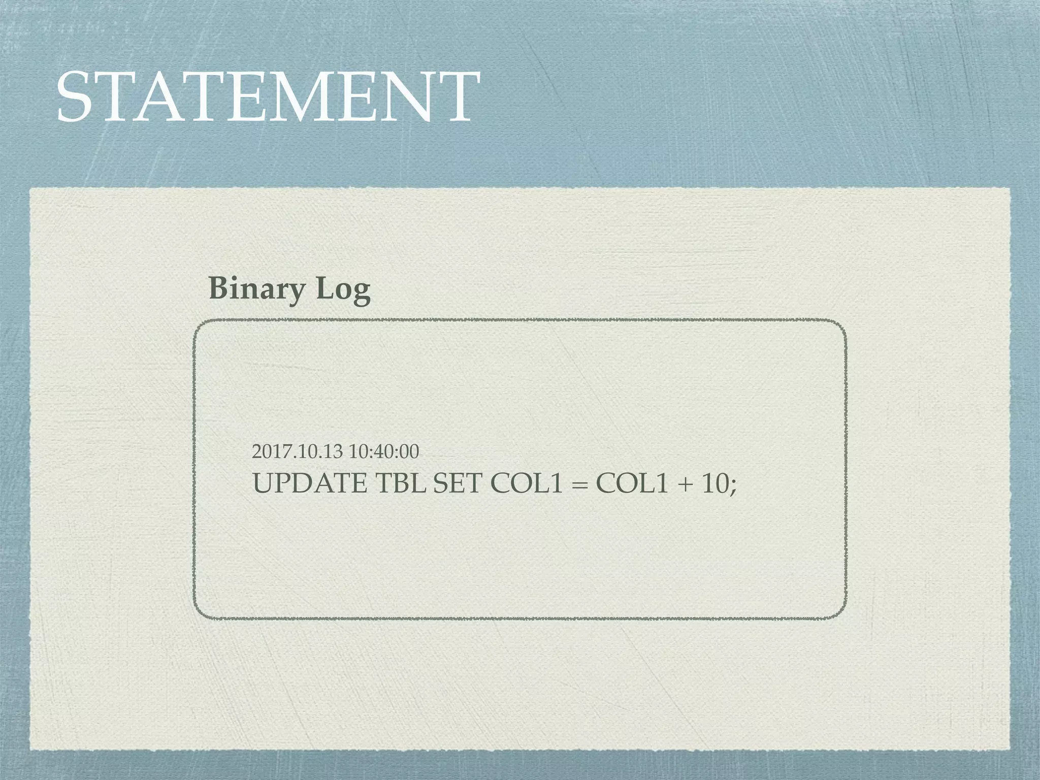 STATEMENT
2017.10.13 10:40:00
UPDATE TBL SET COL1 = COL1 + 10;
Binary Log
 