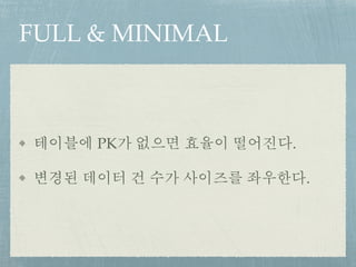 FULL & MINIMAL
테이블에 PK가 없으면 효율이 떨어진다.
변경된 데이터 건 수가 사이즈를 좌우한다.
 