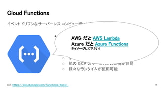 Cloud Functions 
イベント ドリブンなサーバーレス コンピューティング プラットフォーム
14ref. https://cloud.google.com/functions/docs/  
● Function as a Service (FaaS) 
○ サーバ管理が不要 
○ コードを実行した時間分のみの課金(100ms単位) 
○ 自動スケーリング 
○ イベントをトリガーとしてコードを実行可能 
○ 他の GCP のサービスとの連携が容易 
○ 様々なランタイムが使用可能 
AWS だと AWS Lambda 
Azure だと Azure Functions 
をイメージして下さい!!  
 