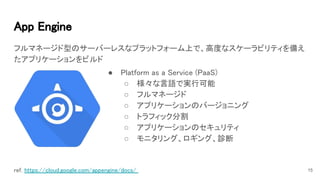 App Engine 
フルマネージド型のサーバーレスなプラットフォーム上で、高度なスケーラビリティを備え
たアプリケーションをビルド 
15ref. https://cloud.google.com/appengine/docs/  
● Platform as a Service (PaaS) 
○ 様々な言語で実行可能 
○ フルマネージド 
○ アプリケーションのバージョニング 
○ トラフィック分割 
○ アプリケーションのセキュリティ 
○ モニタリング、ロギング、診断 
 