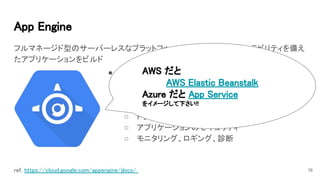App Engine 
フルマネージド型のサーバーレスなプラットフォーム上で、高度なスケーラビリティを備え
たアプリケーションをビルド 
16ref. https://cloud.google.com/appengine/docs/  
● Platform as a Service (PaaS) 
○ 様々な言語で実行可能 
○ フルマネージド 
○ アプリケーションのバージョニング 
○ トラフィック分割 
○ アプリケーションのセキュリティ 
○ モニタリング、ロギング、診断 
AWS だと 
AWS Elastic Beanstalk 
Azure だと App Service  
をイメージして下さい!!  
 