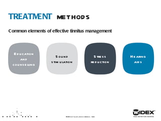 Common elements of effective tinnitus management TREATMENT   METHODS WIDEX  LET’S TALK ABOUT TINNITUS  /XX  Education and counselling Sound stimulation Stress reduction Hearing aids 