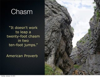 Chasm

           “It doesn't work
               to leap a
          twenty-foot chasm
                in two
           ...