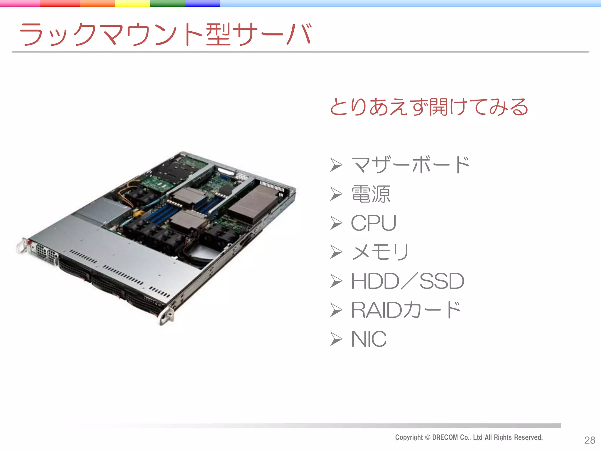 ラックマウント型サーバ

              とりあえず開けてみる

                 マザーボード
                 電源
                 CPU
                 メモリ
                 HDD／SSD
                 RAIDカード
                 NIC



                    Copyright © DRECOM Co., Ltd All Rights Reserved.
                                                                       28
 
