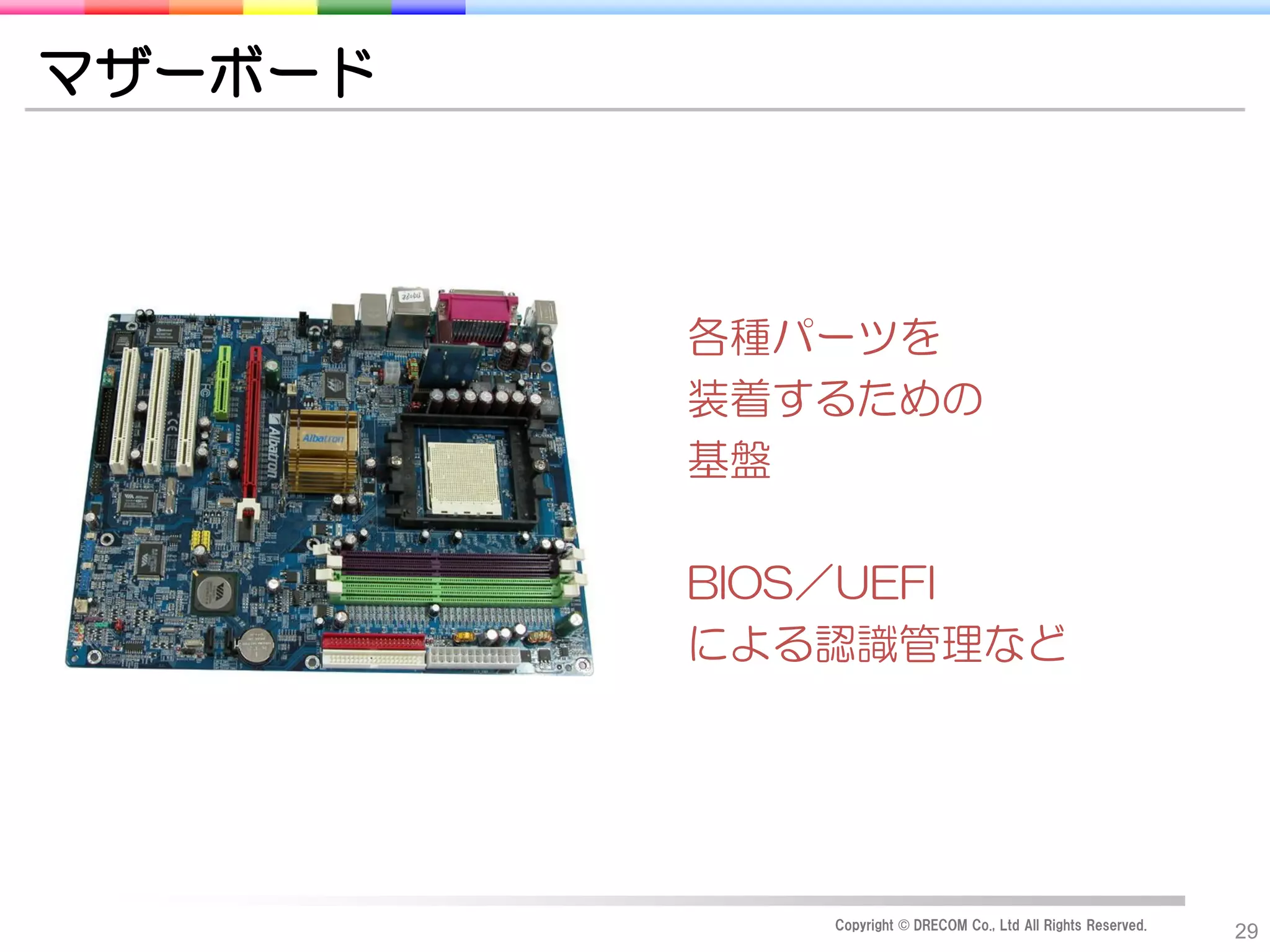 マザーボード



         各種パーツを
         装着するための
         基盤

         BIOS／UEFI
         による認識管理など




            Copyright © DRECOM Co., Ltd All Rights Reserved.
                                                               29
 