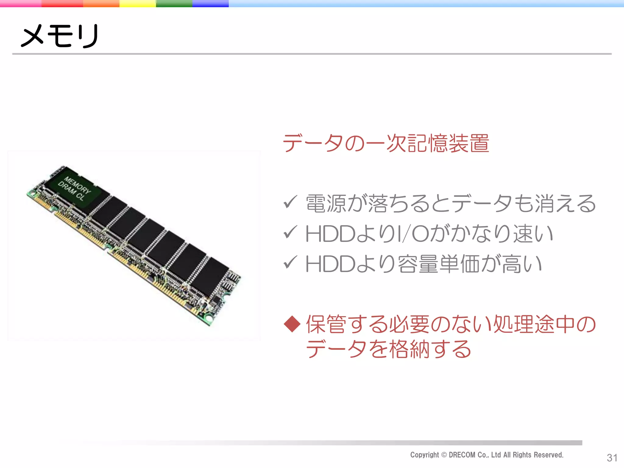 メモリ


      データの一次記憶装置

       電源が落ちるとデータも消える
       HDDよりI/Oがかなり速い
       HDDより容量単価が高い

       保管する必要のない処理途中の
        データを格納する



            Copyright © DRECOM Co., Ltd All Rights Reserved.
                                                               31
 