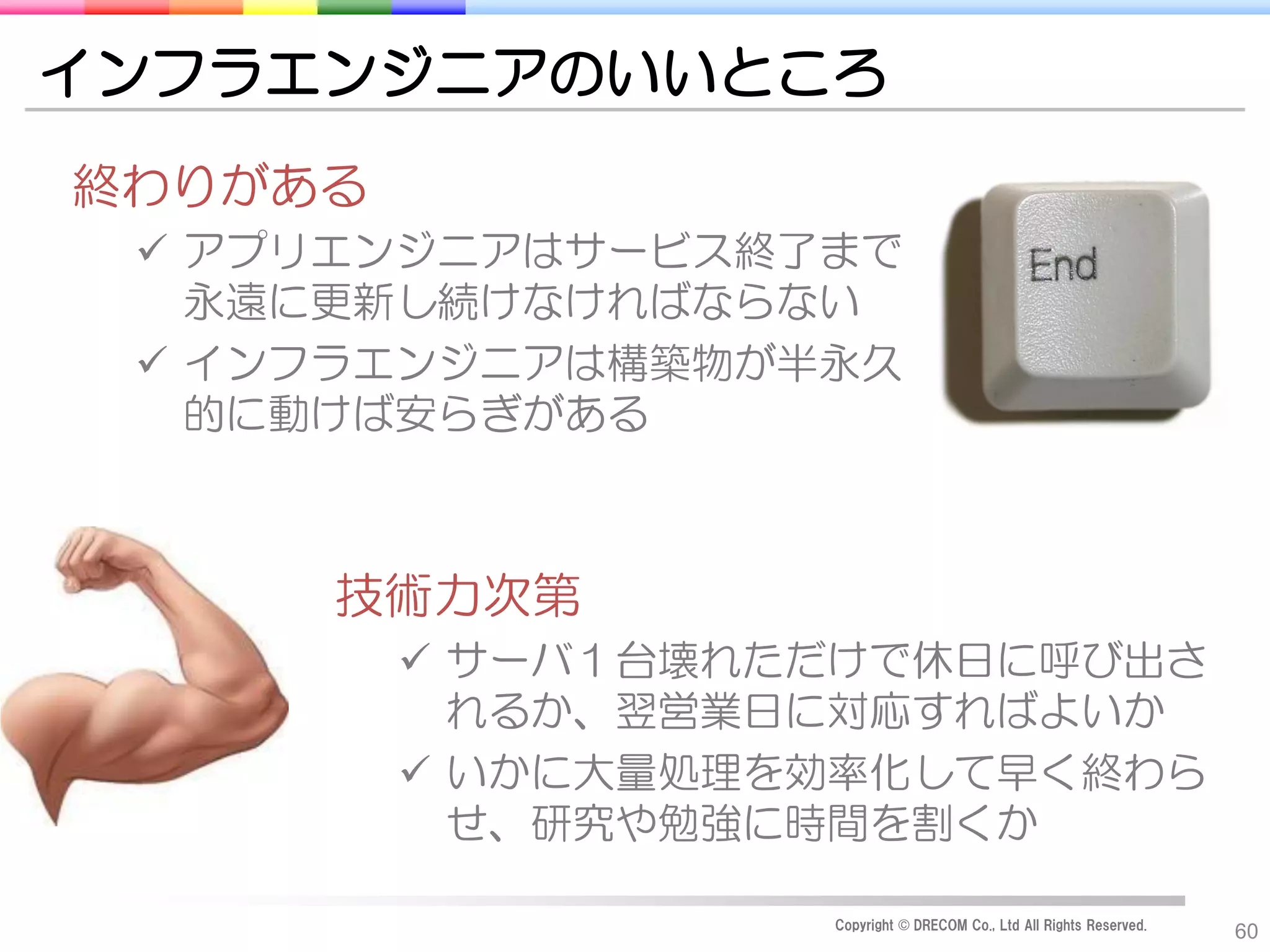 インフラエンジニアのいいところ
終わりがある
  アプリエンジニアはサービス終了まで
   永遠に更新し続けなければならない
  インフラエンジニアは構築物が半永久
   的に動けば安らぎがある



     技術力次第
          サーバ１台壊れただけで休日に呼び出さ
           れるか、翌営業日に対応すればよいか
          いかに大量処理を効率化して早く終わら
           せ、研究や勉強に時間を割くか

                   Copyright © DRECOM Co., Ltd All Rights Reserved.
                                                                      60
 