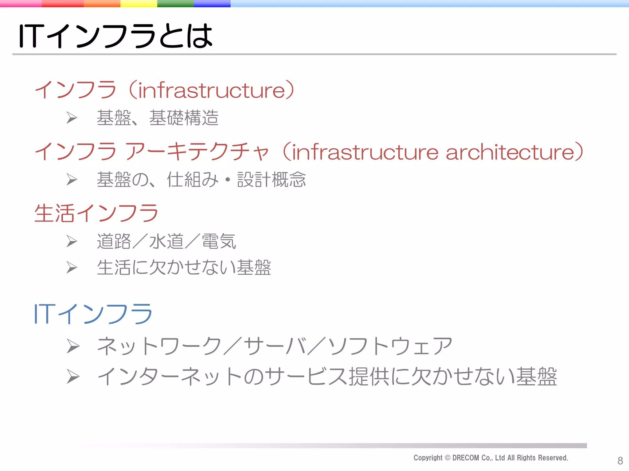 ITインフラとは
インフラ（infrastructure）
     基盤、基礎構造

インフラ アーキテクチャ（infrastructure architecture）
     基盤の、仕組み・設計概念
生活インフラ
     道路／水道／電気
     生活に欠かせない基盤

ITインフラ
   ネットワーク／サーバ／ソフトウェア
   インターネットのサービス提供に欠かせない基盤


                           Copyright © DRECOM Co., Ltd All Rights Reserved.
                                                                              8
 