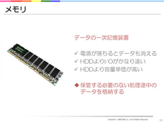 メモリ


      データの一次記憶装置

       電源が落ちるとデータも消える
       HDDよりI/Oがかなり速い
       HDDより容量単価が高い

       保管する必要のない処理途中の
        データを格納する



            Copyright © DRECOM Co., Ltd All Rights Reserved.
                                                               31
 
