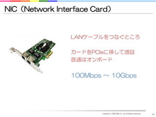 NIC（Network Interface Card）


                LANケーブルをつなぐところ

                カードをPCIeに挿して増設
                普通はオンボード


                100Mbps ～ 10Gbps




                        Copyright © DRECOM Co., Ltd All Rights Reserved.
                                                                           34
 