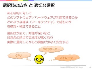 選択肢の広さ と 適切な選択
 ある目的に対して
 どのソフトウェア／ハードウェアが利用できるのか
 どのような構成（アーキテクチャ）で組むのか
 を構想・検証できること

 選択肢が広く、知識が深いほど
 叩き台の時点で完成度が高くなり
 実際に運用してからの調整が少なく安定する

            WEBサーバ

   CPU
                     ストレージ


                     Copyright © DRECOM Co., Ltd All Rights Reserved.   50
 