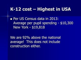 K-12 cost – Highest in USA
 Per US Census data in 2013:
Average per pupil spending - $10,300
New York - $19,818
We are 92% above the national
average! This does not include
construction either.
 