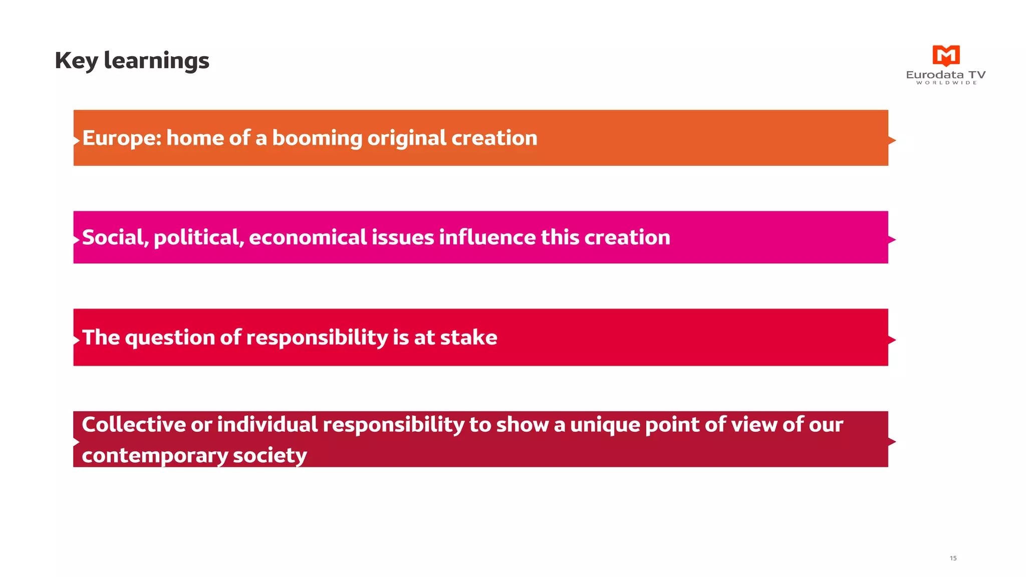 Key learnings
Social, political, economical issues influence this creation
The question of responsibility is at stake
Collective or individual responsibility to show a unique point of view of our
contemporary society
Europe: home of a booming original creation
15
 