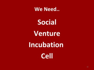 We Need..
Social
Venture
Incubation
Cell
32
 