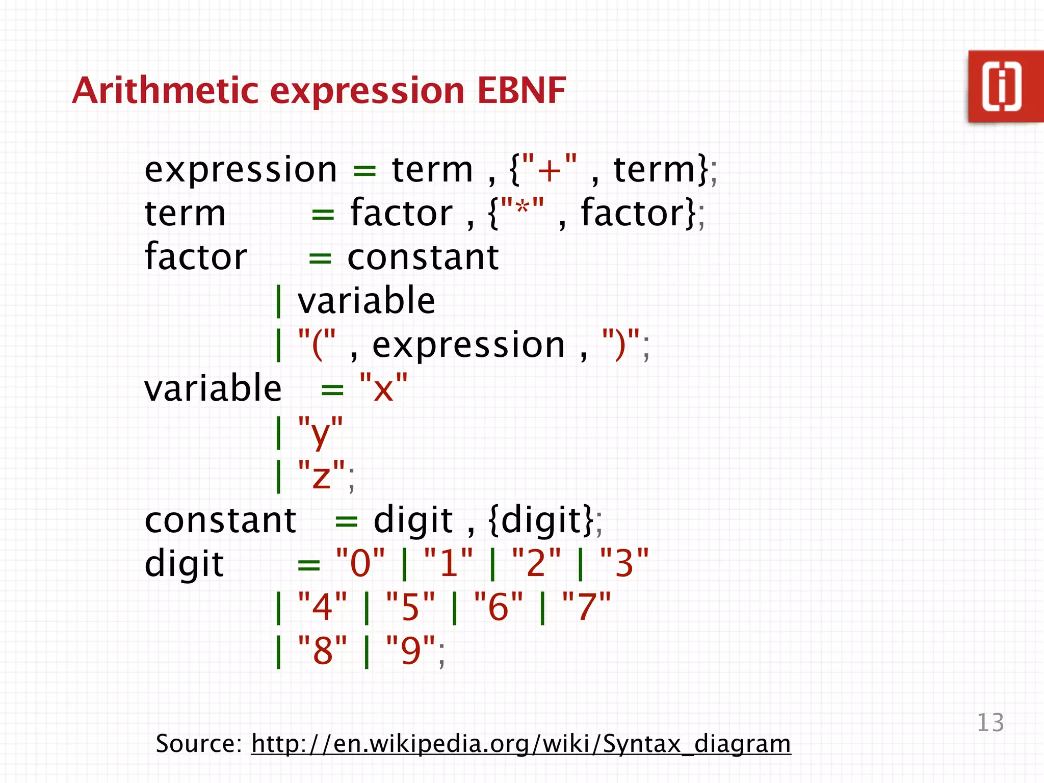 Matching 123

    <constant>
1    <digit>
     <constant>
 2    <digit>
      <constant>
  3     <digit>




<constant> ::= <digit>

                                                               13
Source: https://secure.ﬂickr.com/photos/threedots/110586879/
 