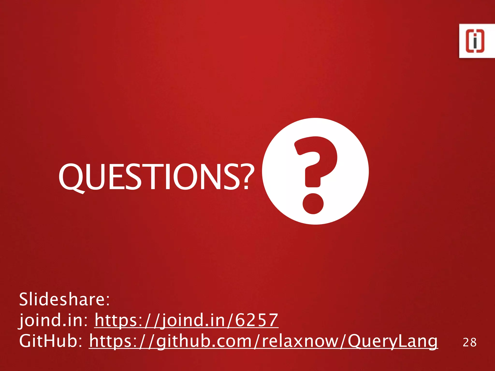 v3/Peg/grammar.peg.inc (cont.)

  /*!* QueryLangV3
  Term: "(" Query ")" | Value:/[wd]+/
  */

public function Term_Query(&$r, $s){
  $r['query'] = $s['query'];
}

public function Term_Value(&$r, $s){
  $r['query']= new NodeTerm($s['text']);
}


                                            28
 
