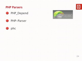 v2/Peg/grammar.peg.inc (cont.)



public function Query__construct(&$result)
{
  $result['query'] = new NodeQuery();
}

public function Query_Term(&$result, $sub)
{
  $term = new NodeTerm($sub['text']);
  $result['query']->addTerm($term);
}

                                             24
 
