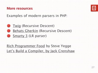 v3/Peg/grammar.peg.inc (cont.)

  Query: AndQuery ([ "OR" ] AndQuery)*
  AndQuery: Term ([ "AND" ] Term)*
public function Query__construct(&$r) {
  $r['query'] = new NodeQuery('OR');
}
public function Query_AndQuery(&$r, $s) {
  $r['query']->add($s['query']);
}
public function AndQuery__construct(&$r) {
  $r['query'] = new NodeQuery('AND');
}
public function AndQuery_Term(&$r, $s) {
  $r['query']->add($s['query']);
                                             27
}
 