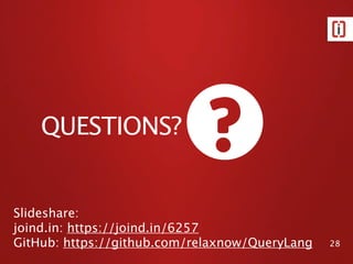 v3/Peg/grammar.peg.inc (cont.)

  /*!* QueryLangV3
  Term: "(" Query ")" | Value:/[wd]+/
  */

public function Term_Query(&$r, $s){
  $r['query'] = $s['query'];
}

public function Term_Value(&$r, $s){
  $r['query']= new NodeTerm($s['text']);
}


                                            28
 