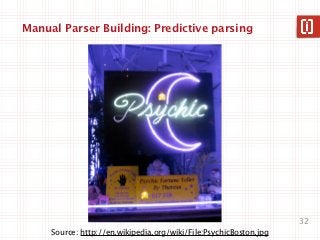 Manual Parser Building: Predictive parsing




                                                                   32
     Source: http://en.wikipedia.org/wiki/File:PsychicBoston.jpg
 