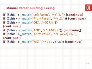 Manual Parser Building: Lexing

if ($this->_match('LeftParen', '/^(()/')) {continue;}
if ($this->_match('RightParen', '/^())/')) {continue;}
if ($this->_match('OR', '/^(OR)/i'))
{continue;}
if ($this->_match('AND', '/^(AND)/i')) {continue;}
if ($this->_match('TermValue', '/^([wd]+)/i'))
{continue;}
if ($this->_match('WS', '/^s+/', true)) {continue;}




                                                          34
 