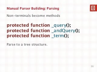 Manual Parser Building: Parsing

Non-terminals become methods

protected function _query();
protected function _andQuery();
protected function _term();
Parse to a tree structure.




                                  36
 