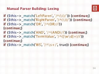 Manual Parser Building: Lexing

if ($this->_match('LeftParen', '/^(()/')) {continue;}
if ($this->_match('RightParen', '/^(...