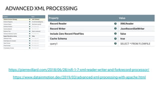 ADVANCED XML PROCESSING
https://www.datainmotion.dev/2019/03/advanced-xml-processing-with-apache.html
https://pierrevillard.com/2018/06/28/niﬁ-1-7-xml-reader-writer-and-forkrecord-processor/
 